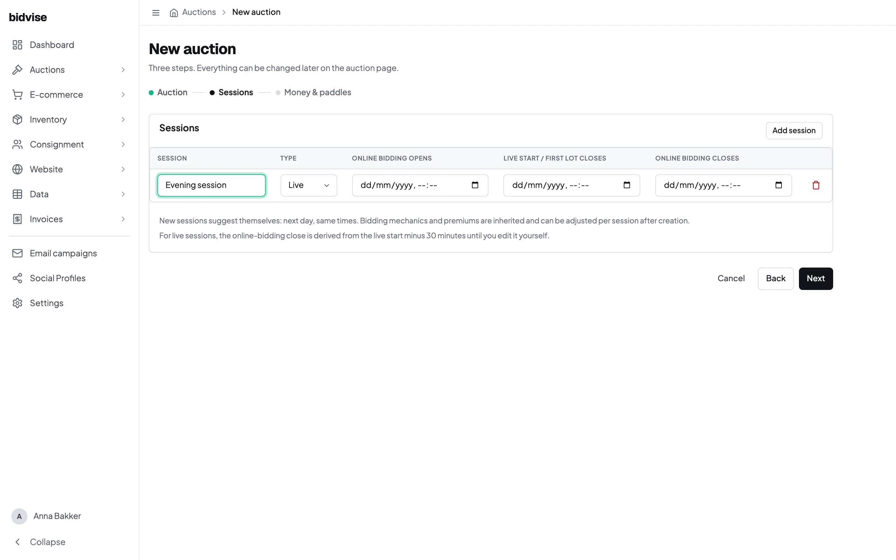 Configuring the sessions in an auction