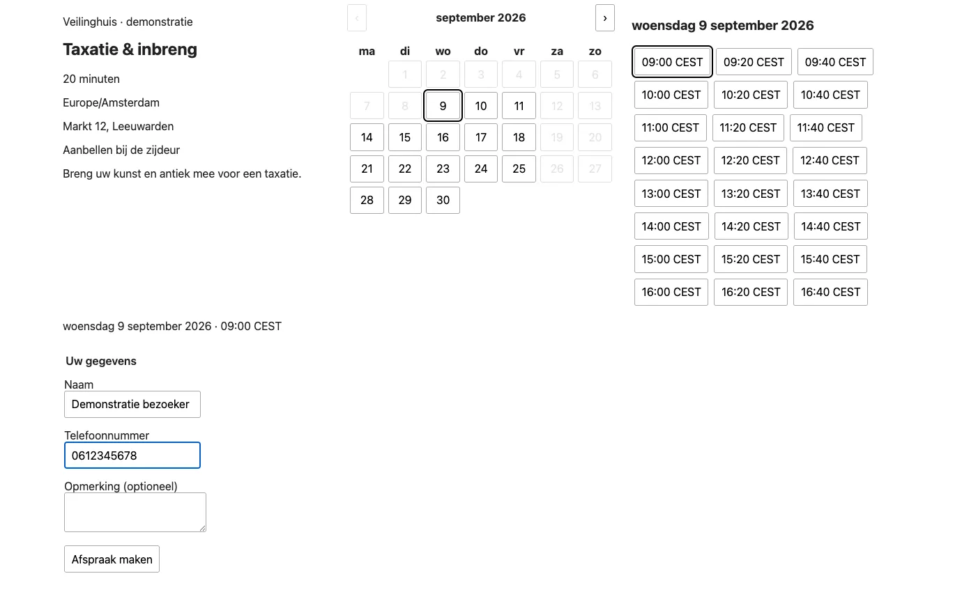 The booking calendar on a website: a month, the free times of one day and the form